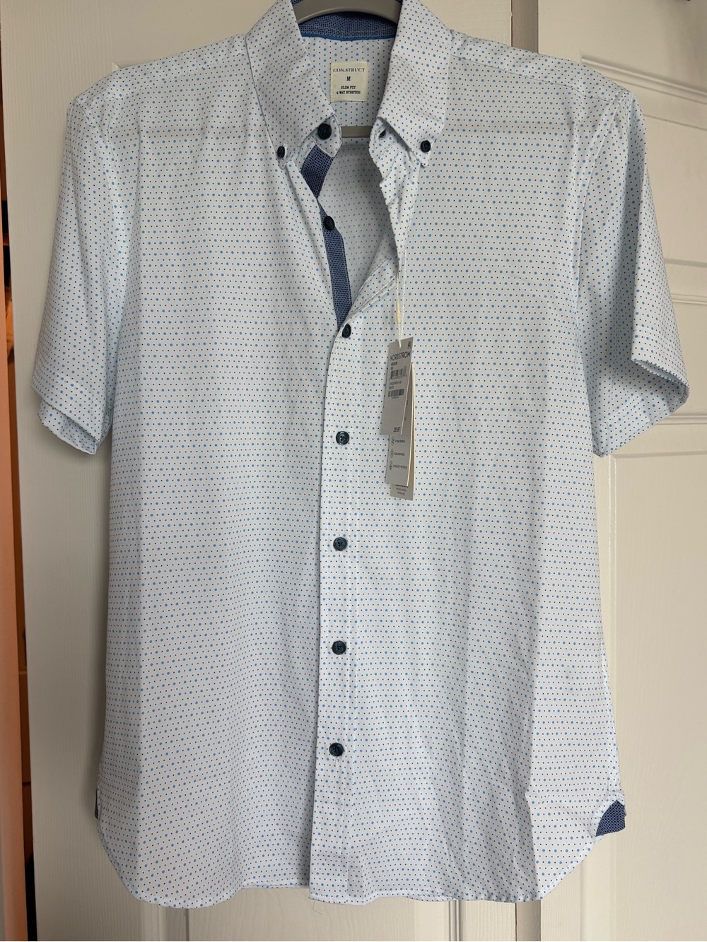 Men's Light Blue Short Sleeve Button-Down Shirt - Modern Microdot Print slim fit